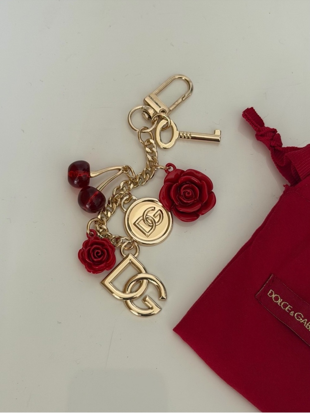 Dolce & Gabbana Red Rose and Gold Logo Charm Keyring